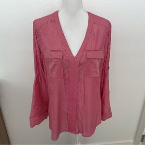 NWT Express Collarless V Neck Red Pinstripe Blouse w/ Pockets, L